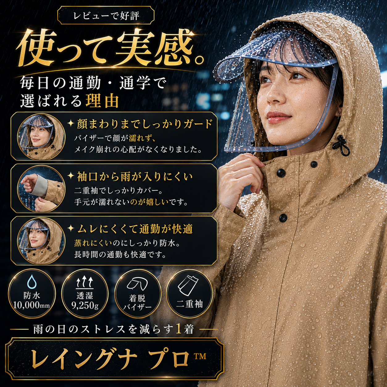 レイングナ プロ™｜雨の日の送り迎えがラクになる 耐水圧10,000mm 袖付きレインコート｜着脱バイザーで顔まで濡れない・両手フリー・二重袖・男女兼用