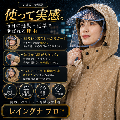 レイングナ プロ™｜雨の日の送り迎えがラクになる 耐水圧10,000mm 袖付きレインコート｜着脱バイザーで顔まで濡れない・両手フリー・二重袖・男女兼用