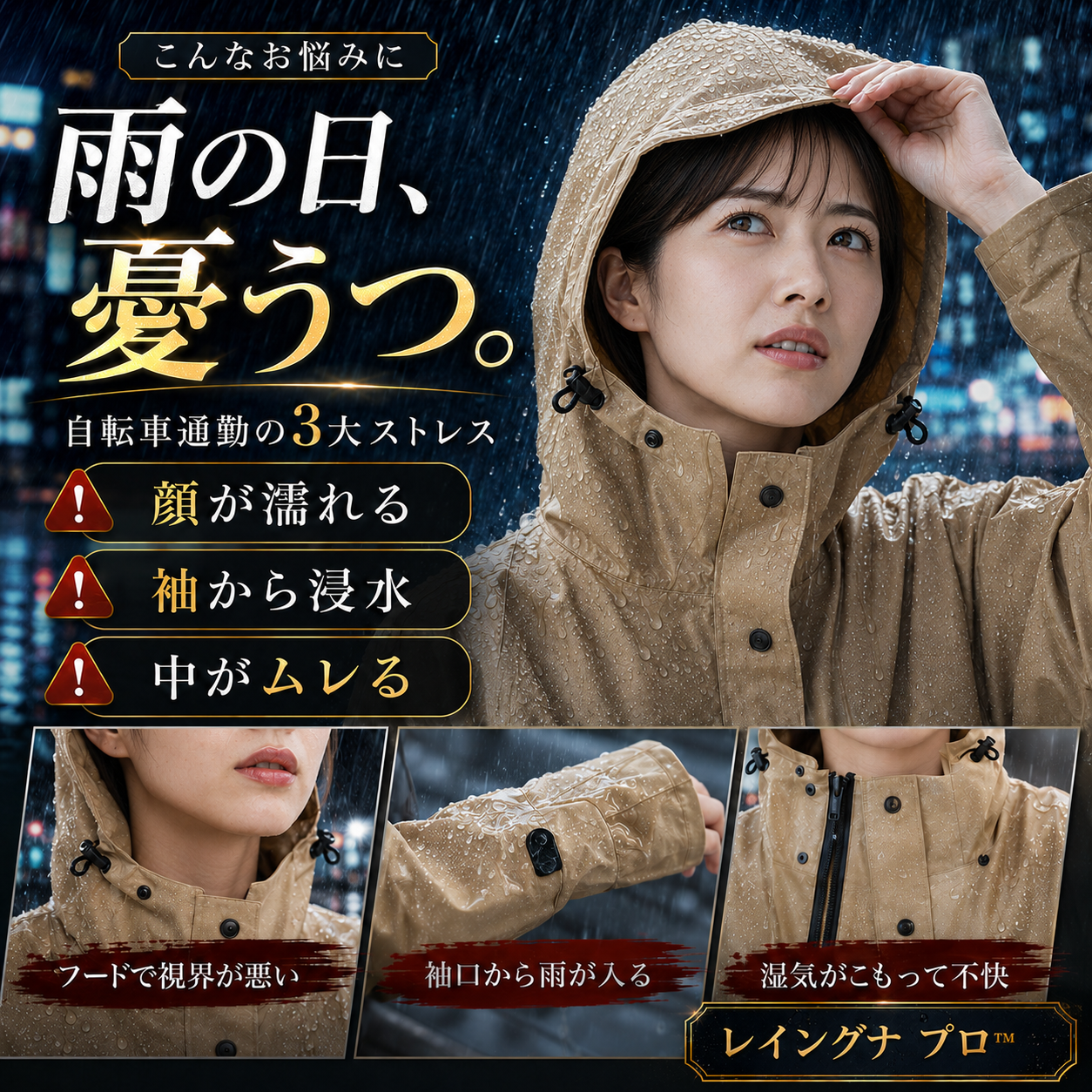 レイングナ プロ™｜雨の日の送り迎えがラクになる 耐水圧10,000mm 袖付きレインコート｜着脱バイザーで顔まで濡れない・両手フリー・二重袖・男女兼用