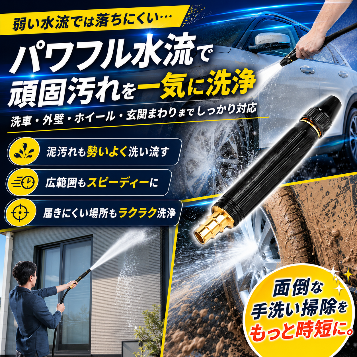 水圧ブラッシュジェット™ 水道ホースが高圧洗浄に変わる！洗車・玄関・ベランダの頑固汚れを時短でスッキリ