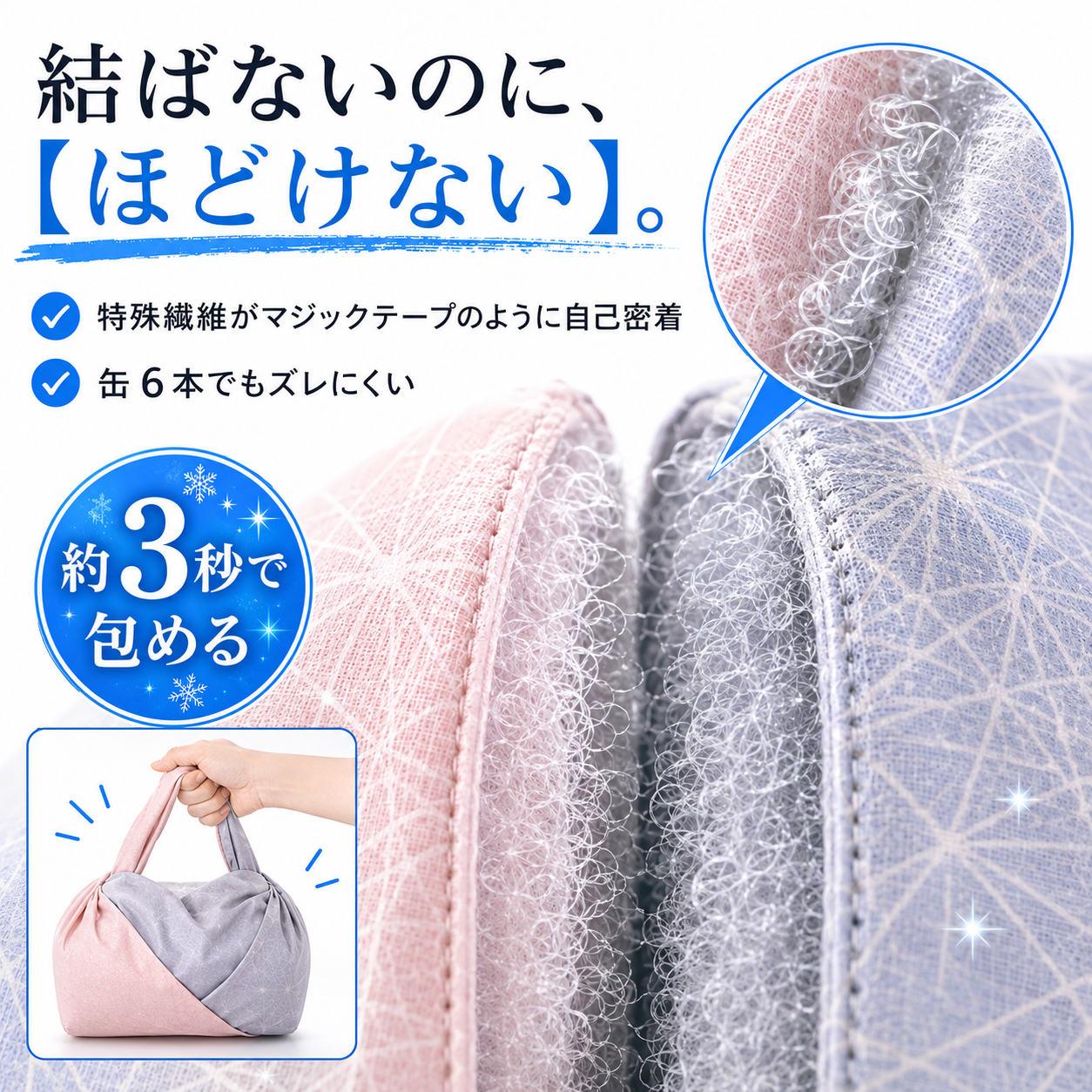 結ばないのにほどけない 特殊繊維が自己密着 缶6本でもズレにくい